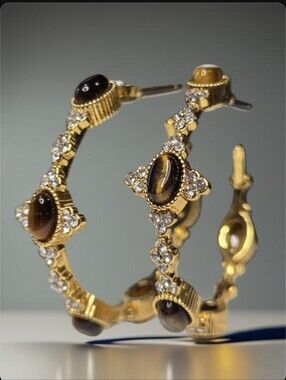 18k Gold Plated Maltese Cross Tigers Eye Jeweled Crystal Hoop Earrings